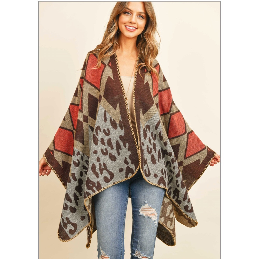 Chevron Leopard Print Sweater Open Front Poncho - image 1